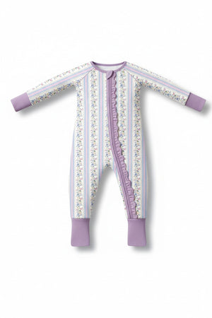 Lavender floral ruffle bamboo pajams zipper romper