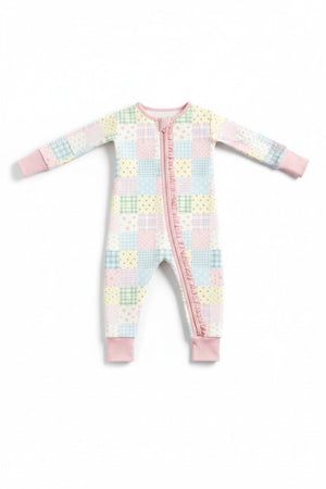 Pink floral checkered bamboo pajamas zipper romper