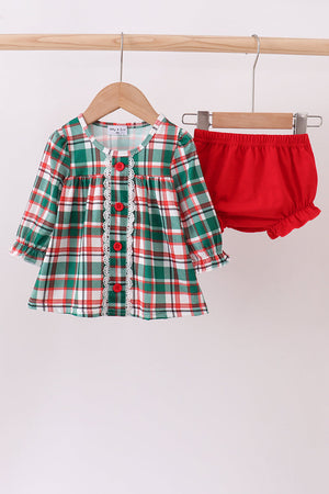 Green plaid ruffle bloomer set