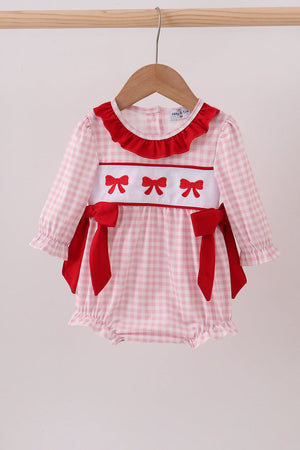 Pink bow embroidery gingham ruffle bubble