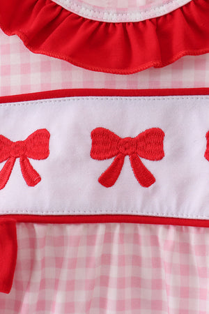 Pink bow embroidery gingham ruffle bubble