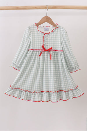 Sage ribbon bow gingham ruffle gown dress