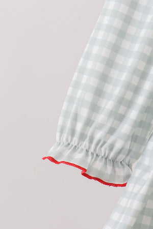 Sage ribbon bow gingham ruffle gown dress