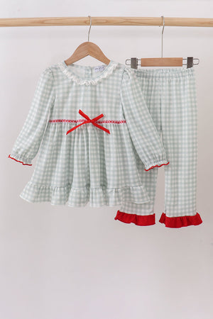 Sage gingham ribbon bow ruffle pants set