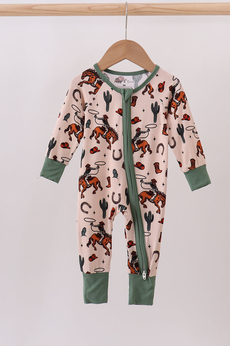 Green cowboy bamboo zipper romper