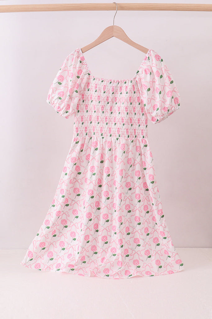 open lace back dress Pink Bow Hydrangea Smocked Women Dress L