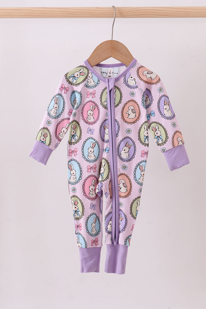 Purple bunny print bamboo zipper romper