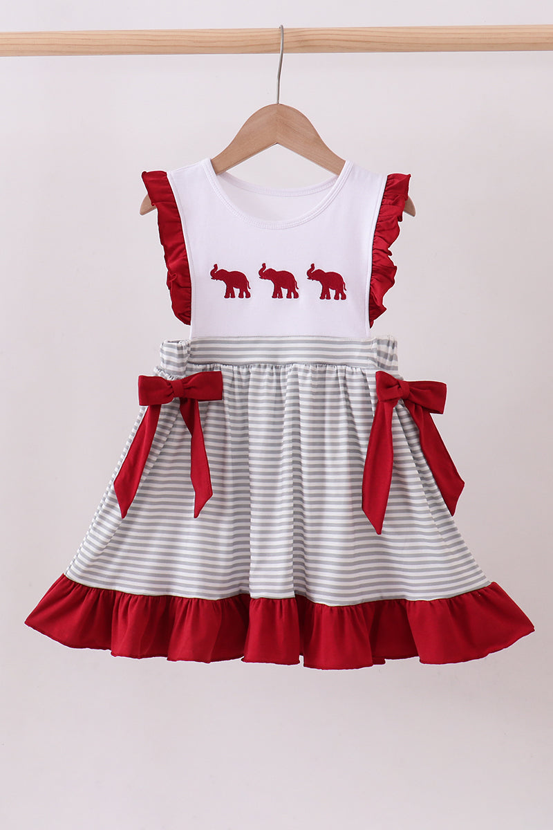 Maroon Alabama embroidery stripe ruffle dress