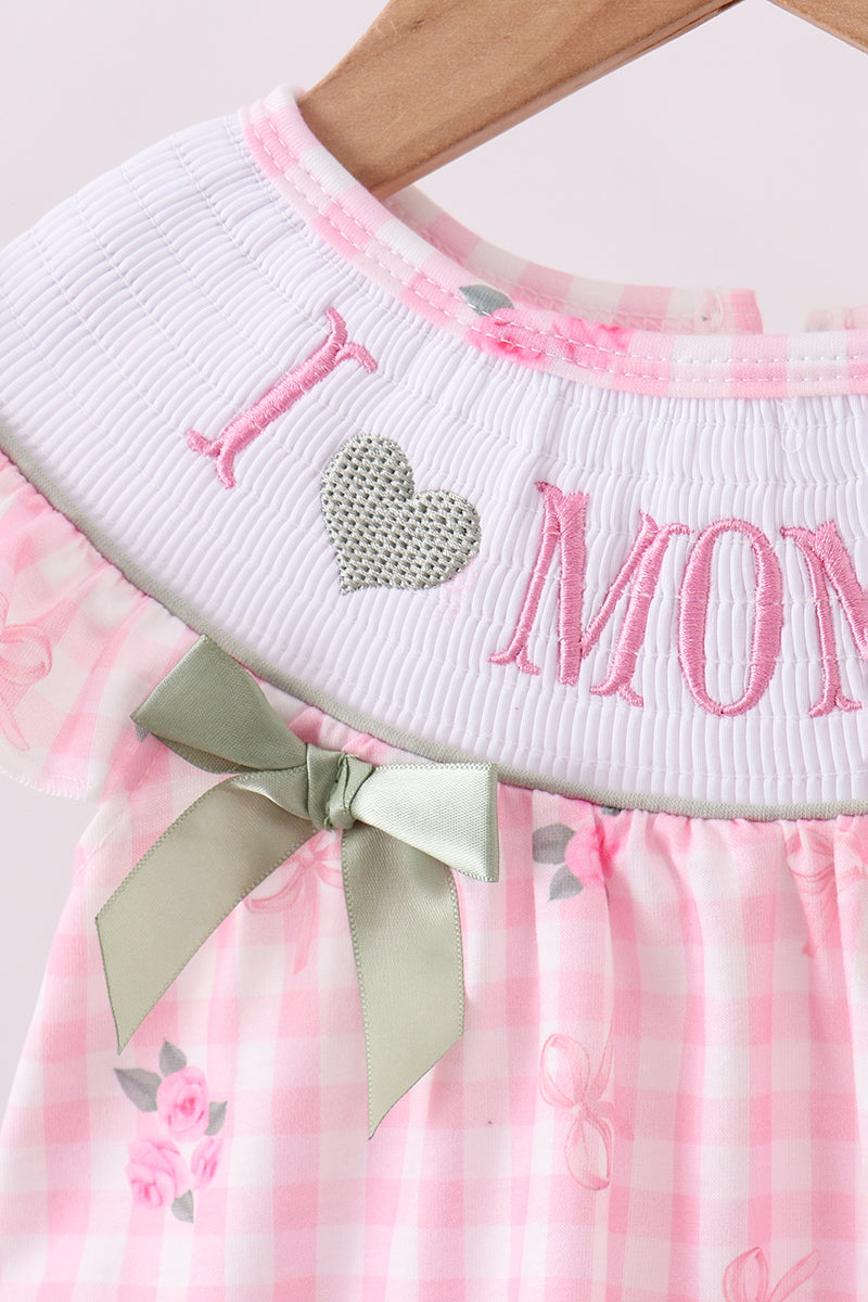 Pink I love mommy smocked floral ruffle bloomer set