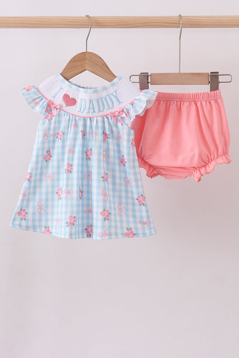 Blue I love DADDY smocked floral gingham ruffle bloomer set