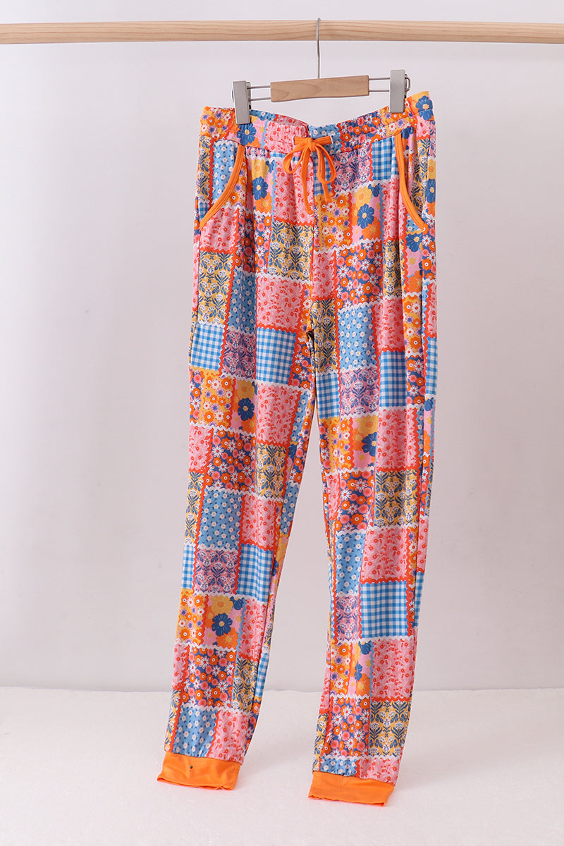 Orange floral patchwork bamboo women pants