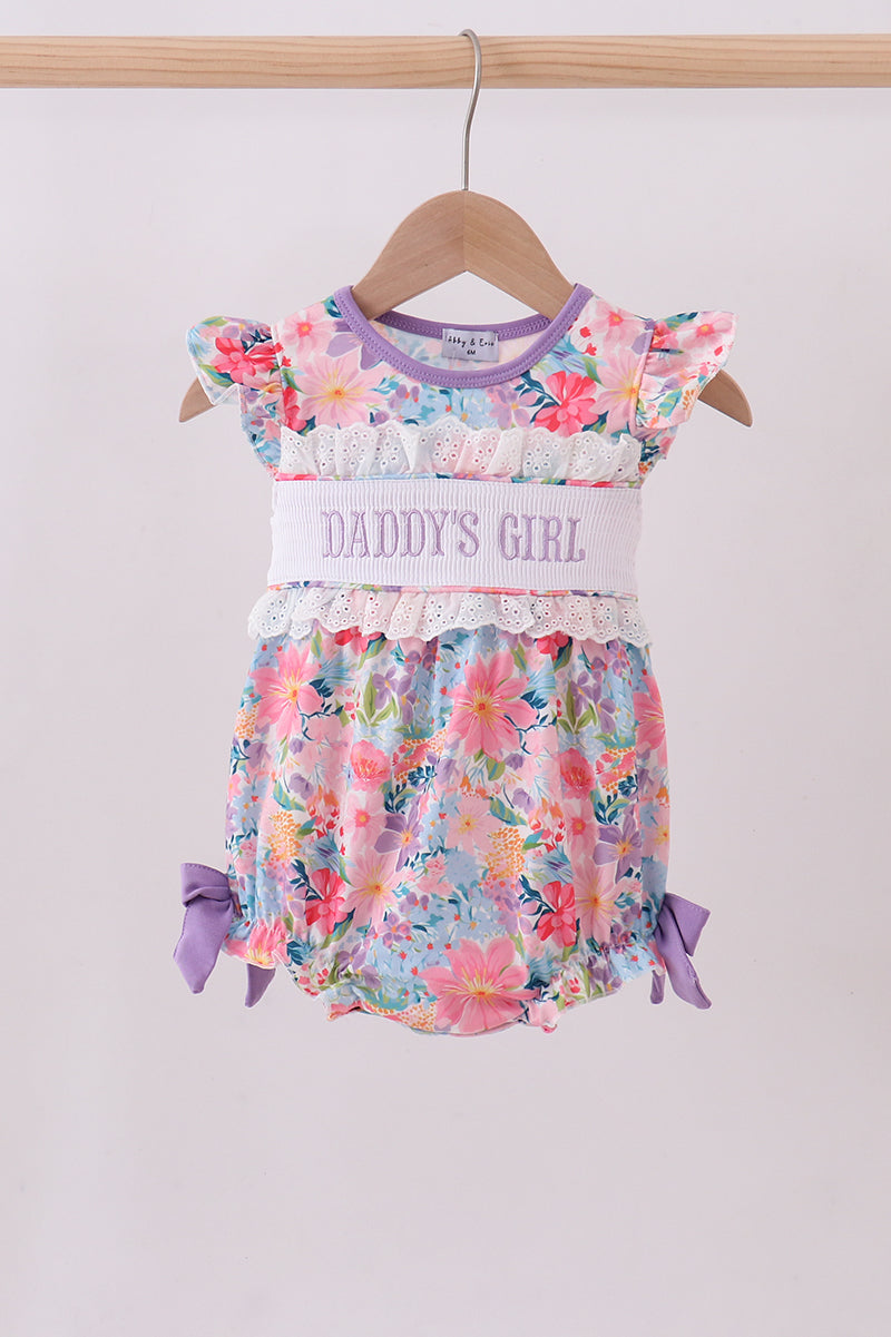 Purple floral daddy's girl smocked ruffle bubble
