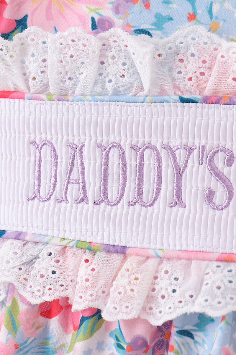 Purple floral daddy's girl smocked ruffle bubble