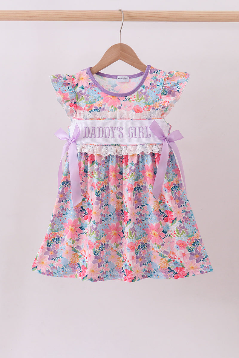 Purple floral daddy's girl smocked ruffle dress