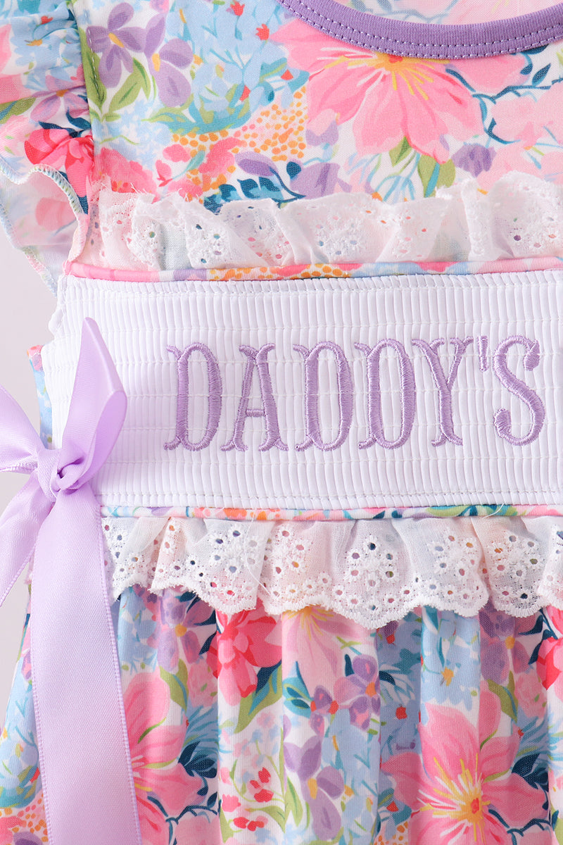 Purple floral daddy's girl smocked ruffle dress