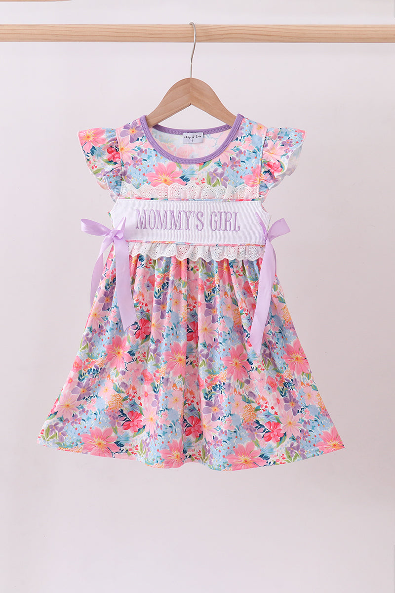 Purple MOMMY'S GIRL smocked ruffle dress