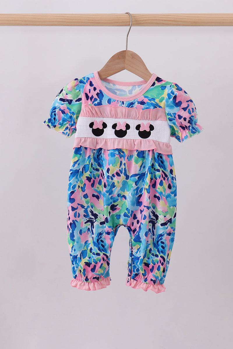 Pink character smocked ruffle romper