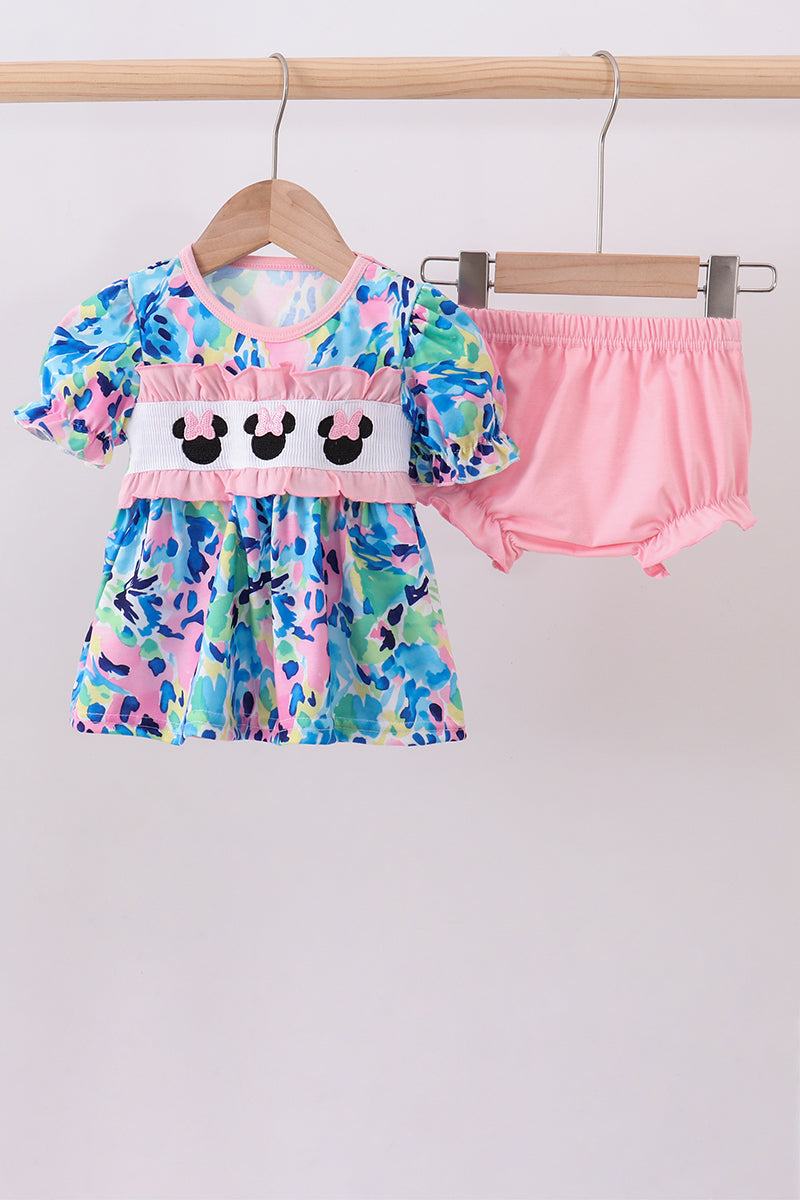 Pink character smocked ruffle bloomer set
