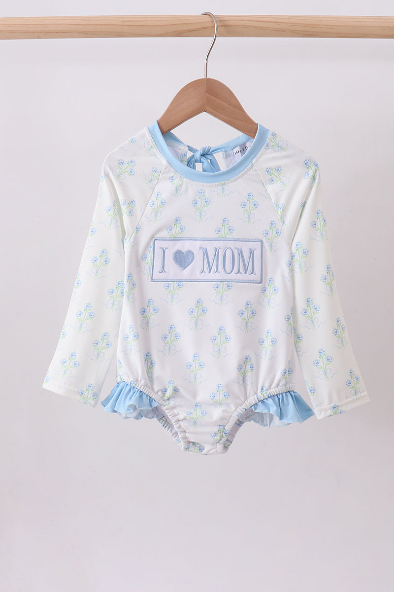 Blue I love MOM embroidery hydrangea rashgaurd