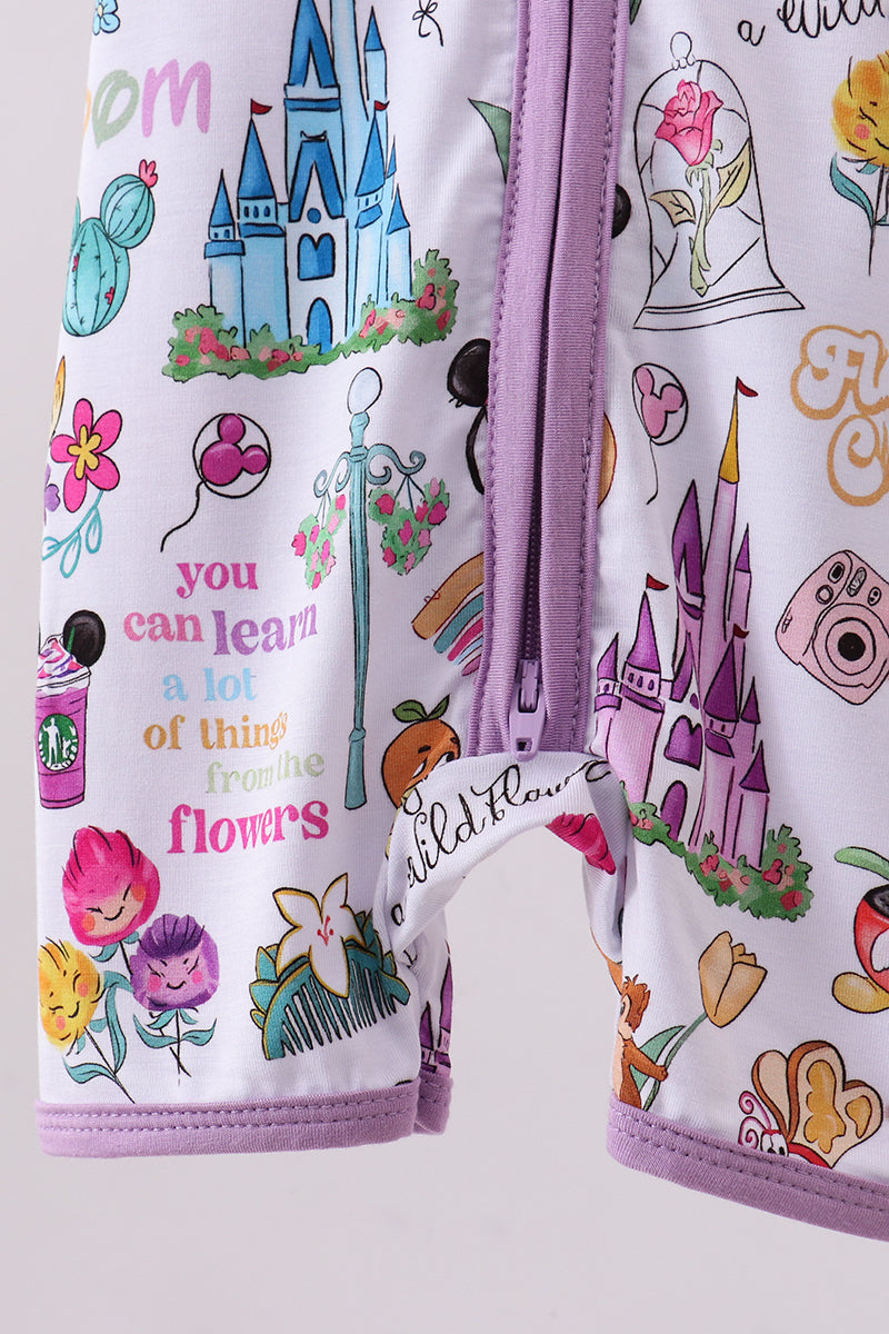 Purple character castle bamboo romper