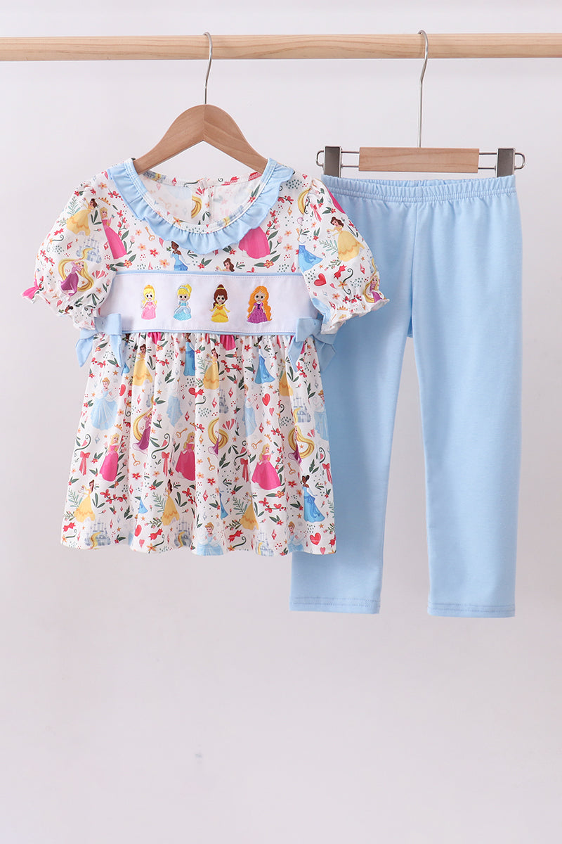 Blue character embroidery bow ruffle pants set