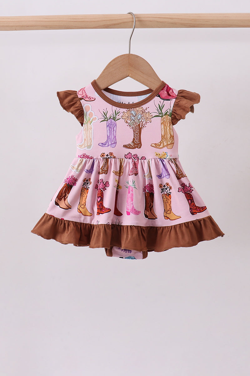 Pink floral boots bamboo ruffle bubble