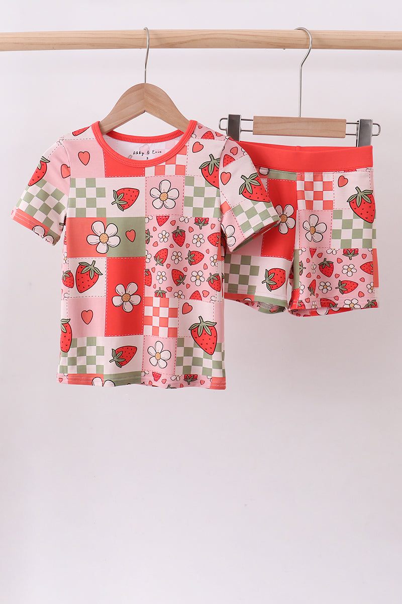 Pink strawberry checkered bamboo pajama set