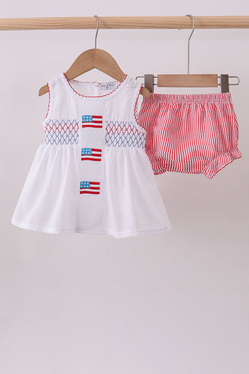 Pink flag smocked bloomer set