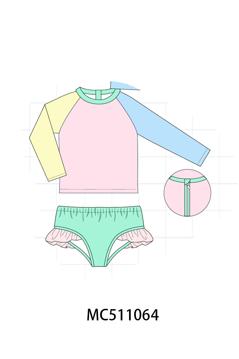 Colorblock long sleeve 2pc ruffle swimsuit