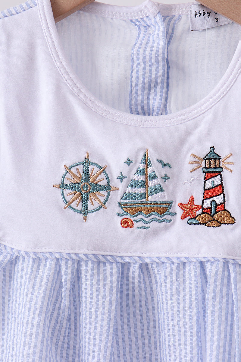 Blue sailboat embroidery ruffle shrots set