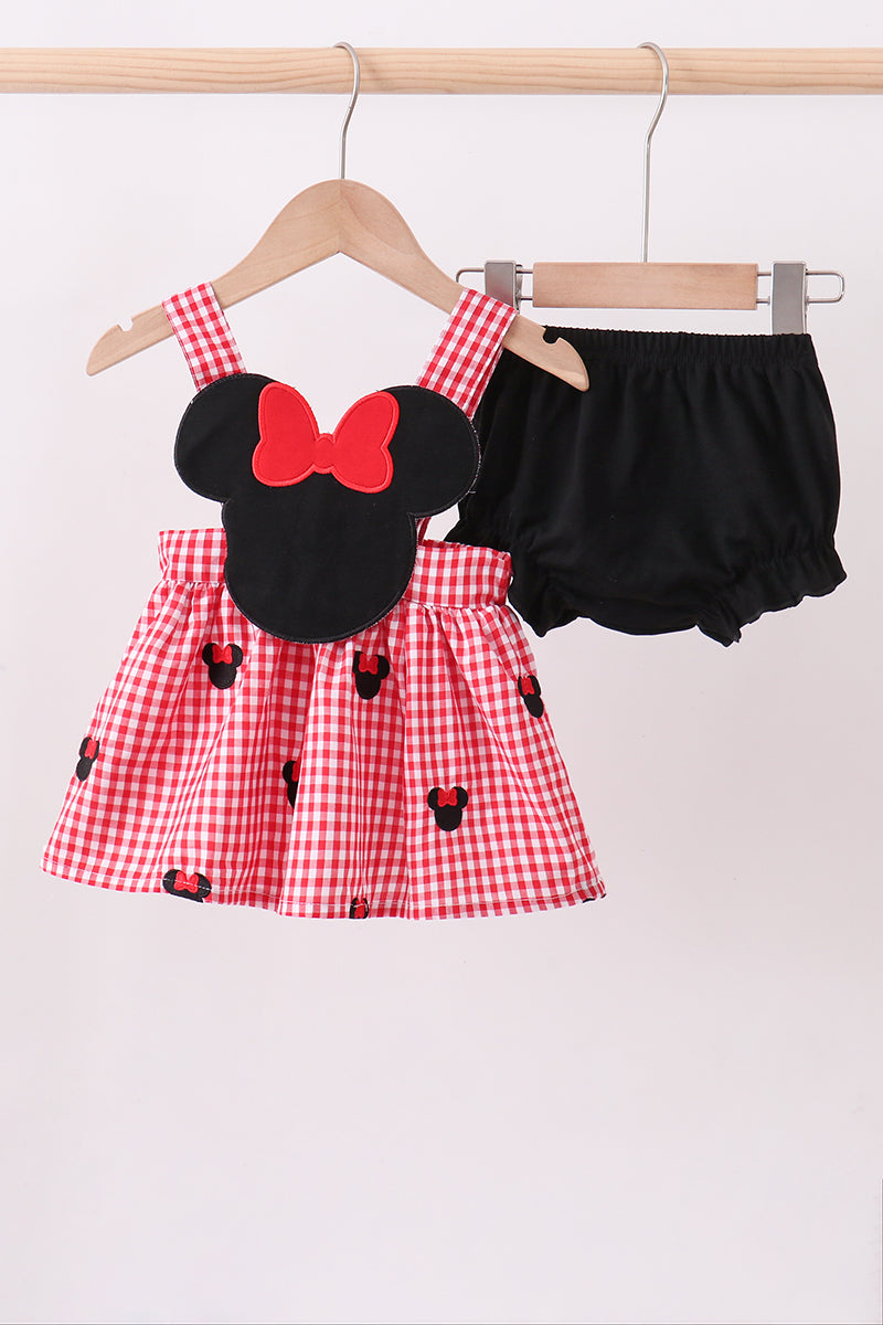 Red character embroidery gingham bloomer set