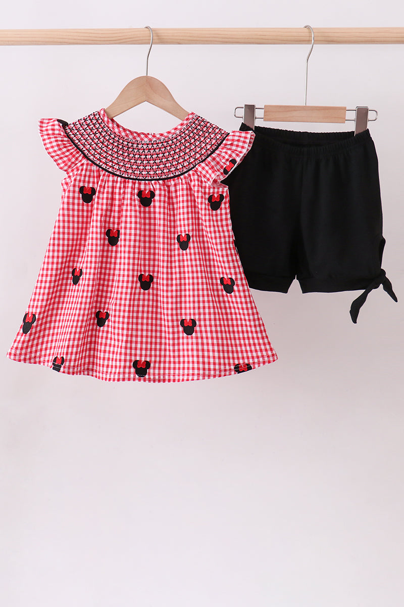 Red character smocked gingham shorts set