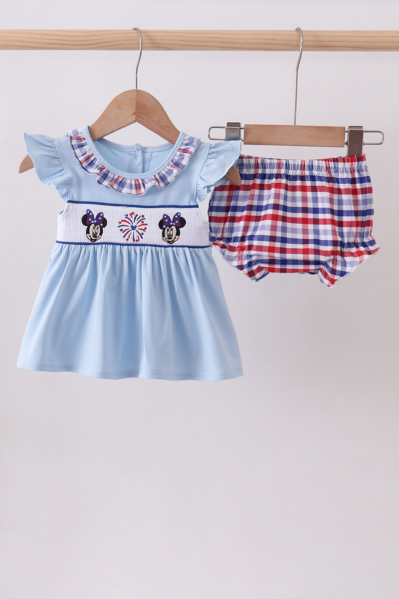 Blue patriotic character fireworks smocked plaid bloomer set