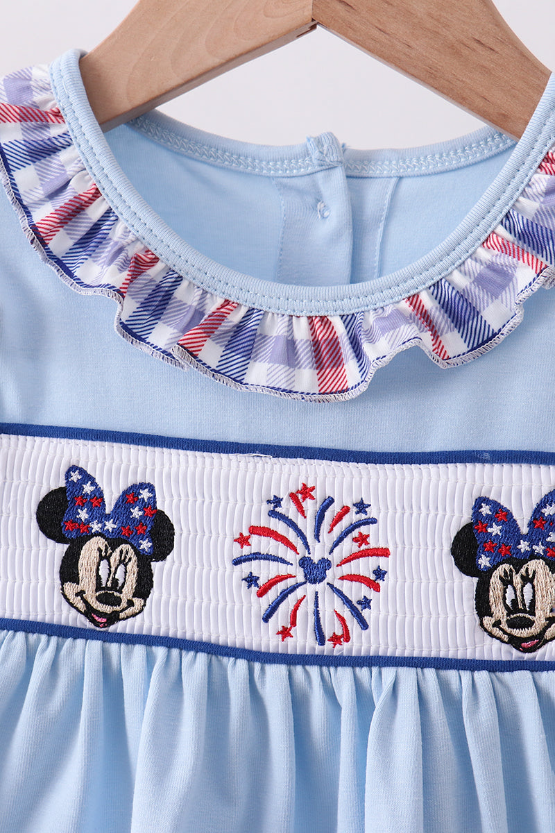 Blue patriotic character fireworks smocked plaid bloomer set