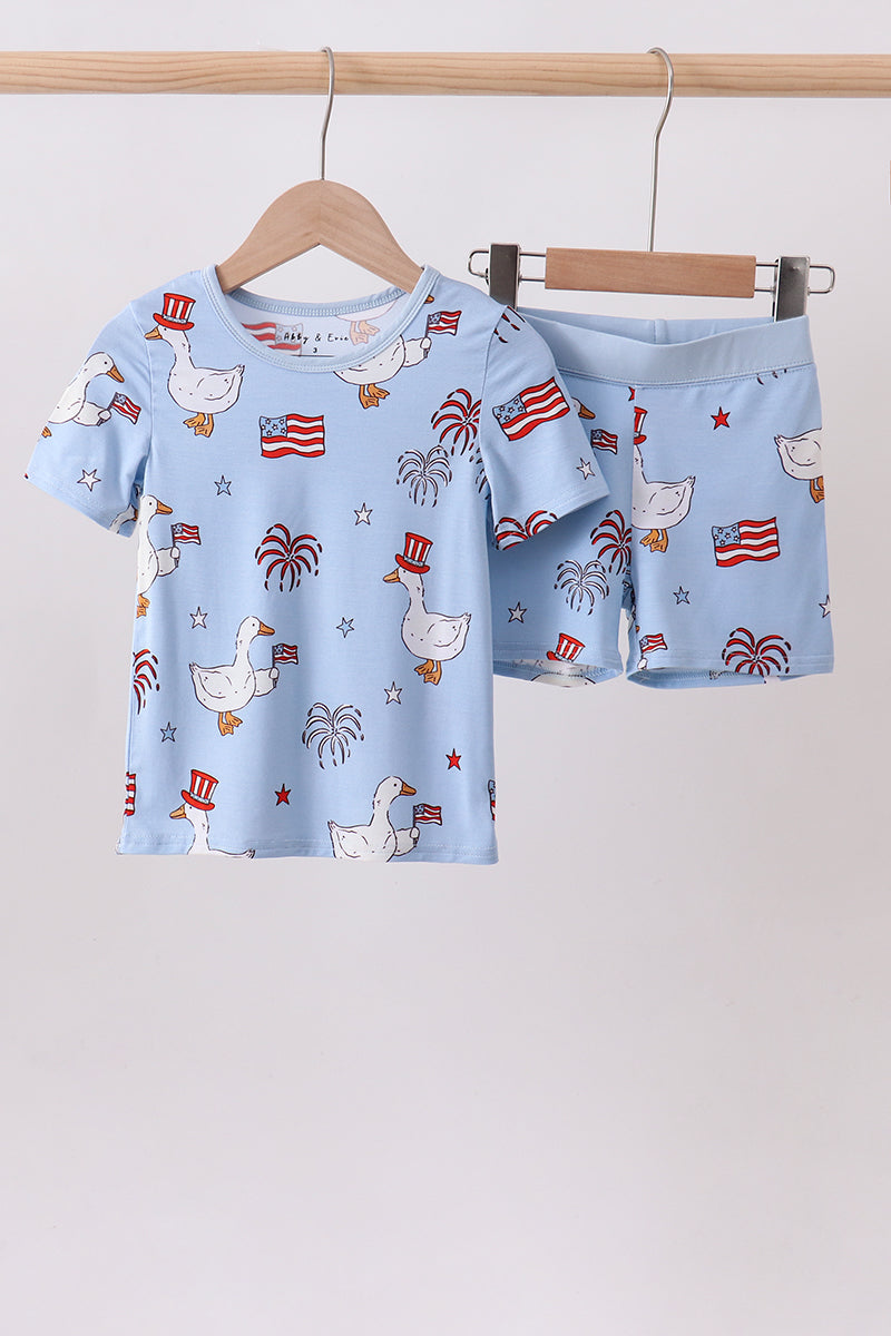 Blue goose flag print bamboo pajama set