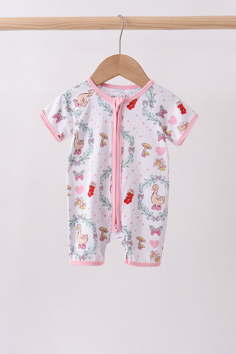 Pink goose strawberry bow bamboo romper