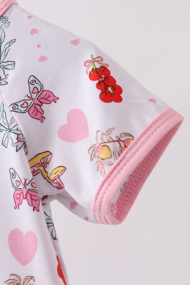 Pink goose strawberry bow bamboo romper