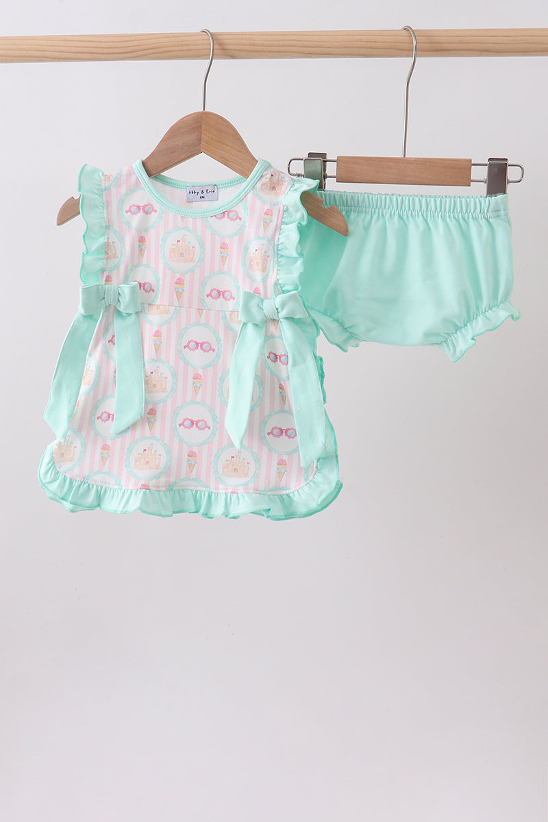 Green castle ice cream print ruffle bloomer set