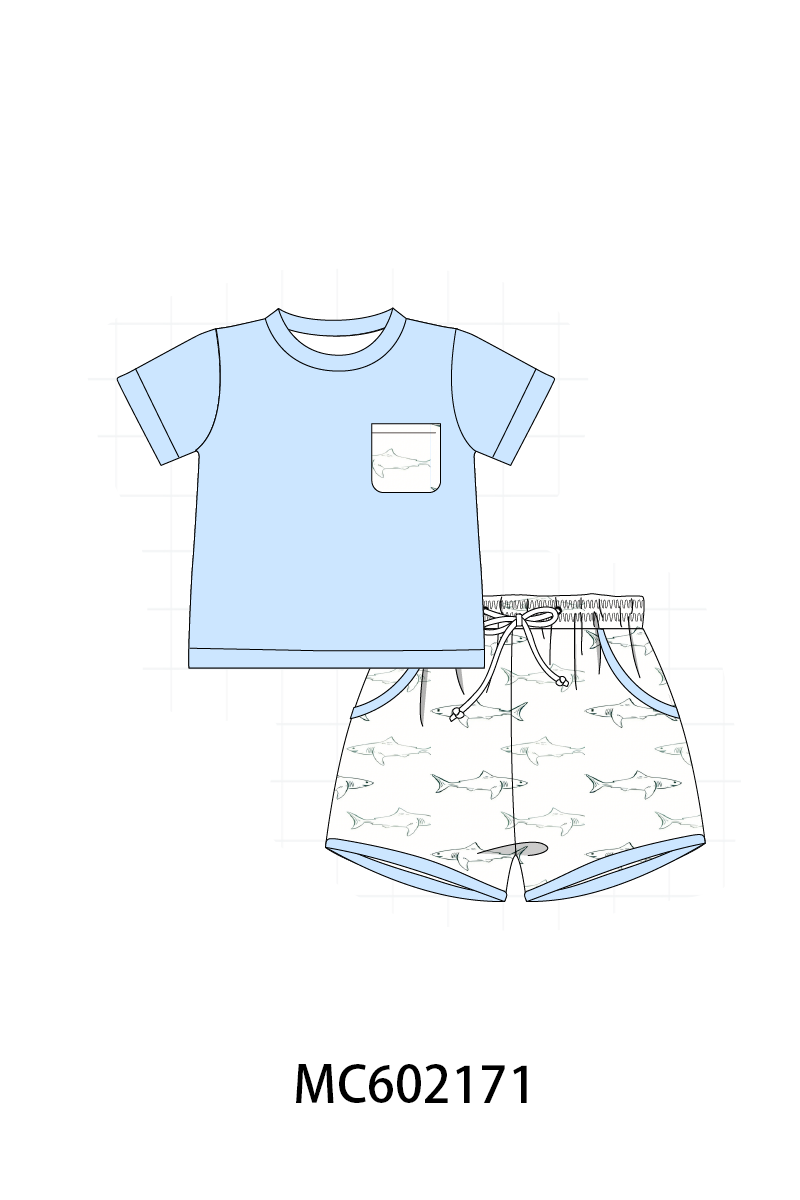 Blue Shark Print Shorts Set