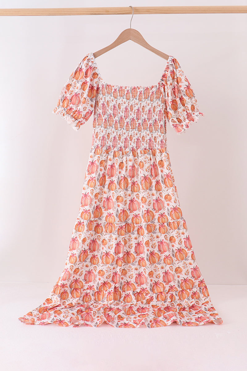 Orange Pumpkin Print Smocked Mom Dress