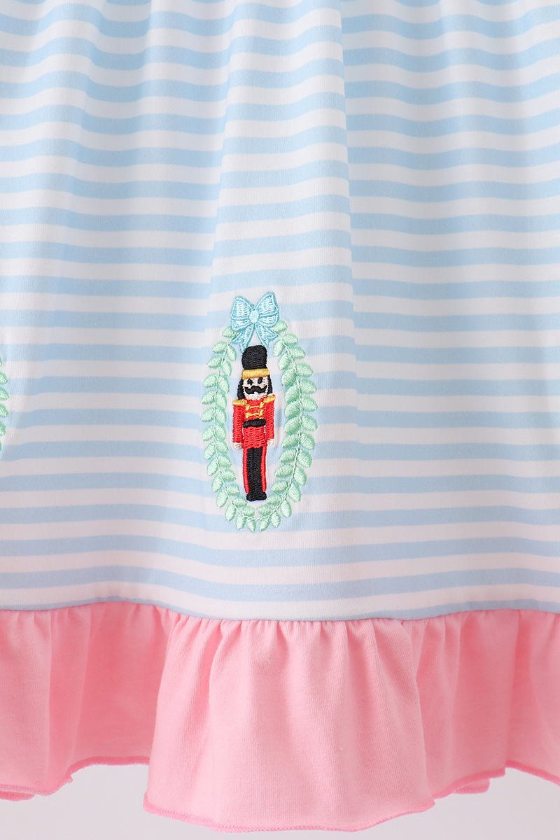 Blue Stripe Nutcracker Embroidery Ruffle Dress