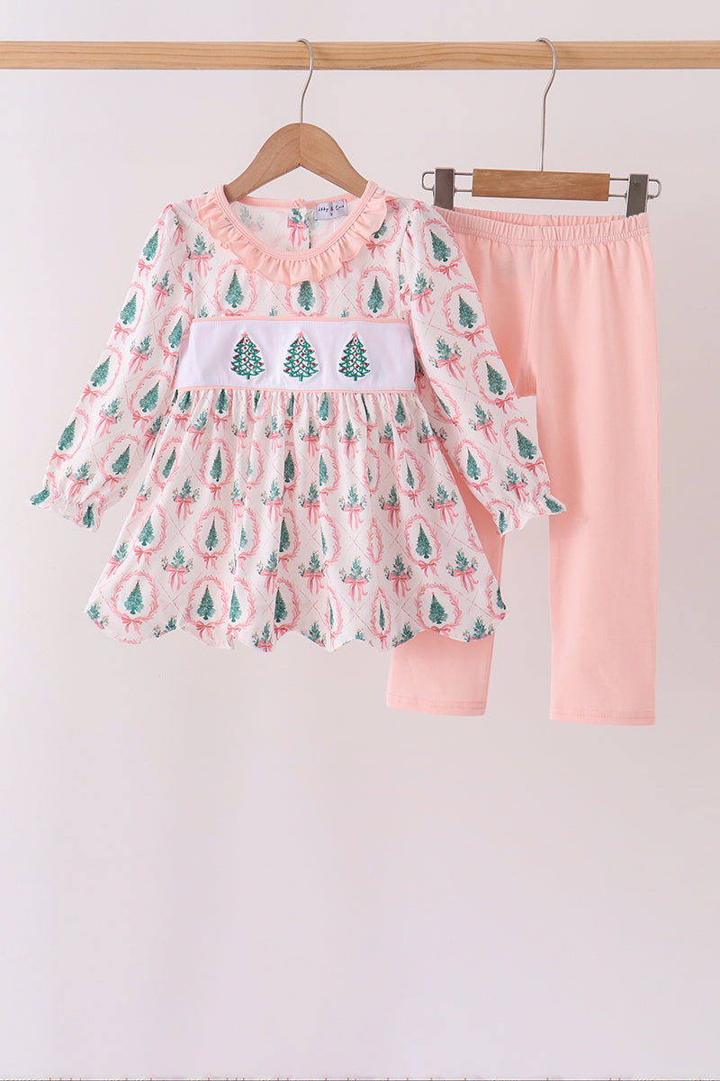 Pink Christmas Tree Embroidery Ruffle Pants Set