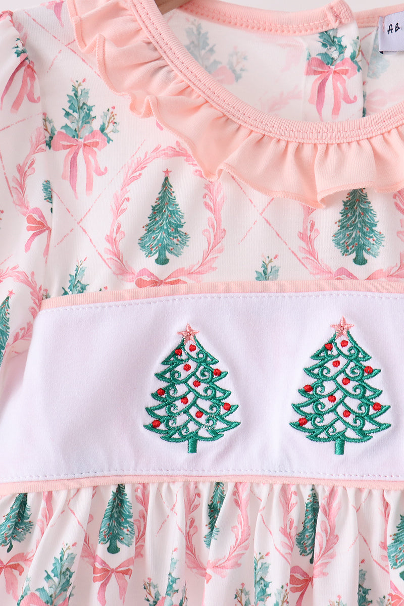 Pink Christmas Tree Embroidery Ruffle Pants Set