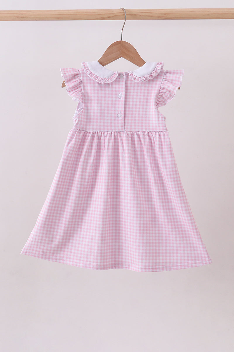 Pink cross embroidery gingham ruffle dress