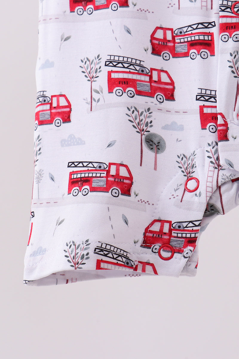 Red fire truck print bamboo romper