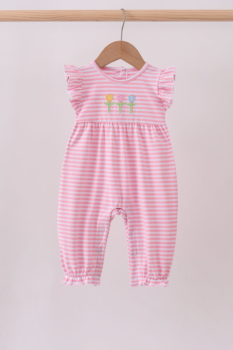 Pink floral embroidery stripe ruffle romper