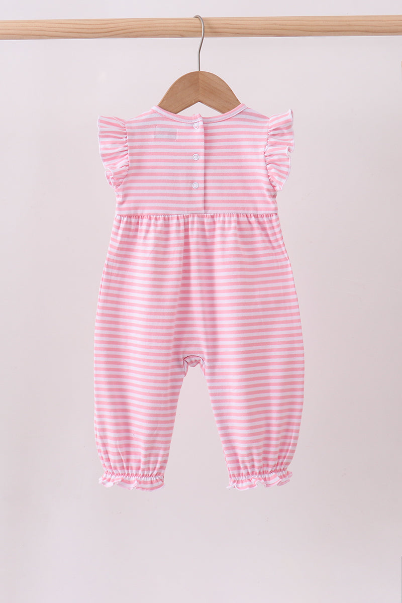 Pink floral embroidery stripe ruffle romper