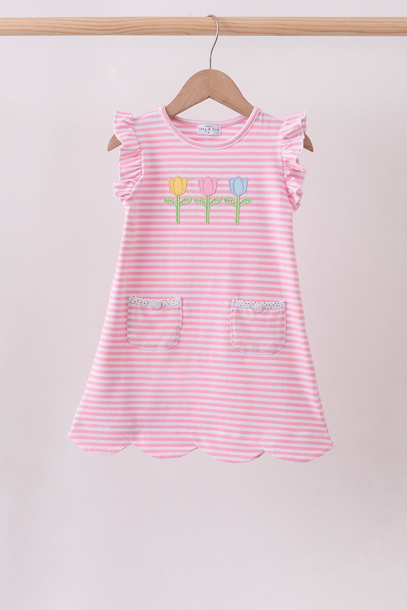 Pink floral embroidery stripe ruffle dress