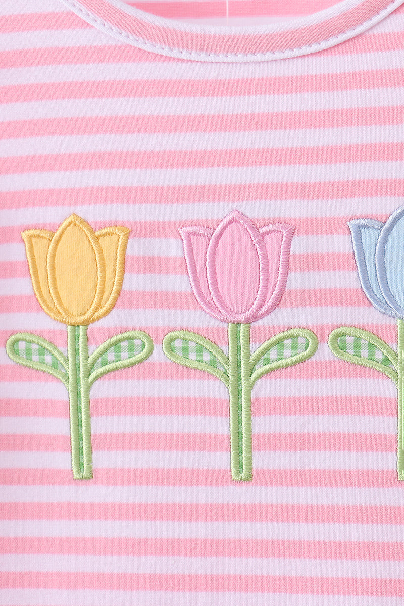 Pink floral embroidery stripe ruffle dress