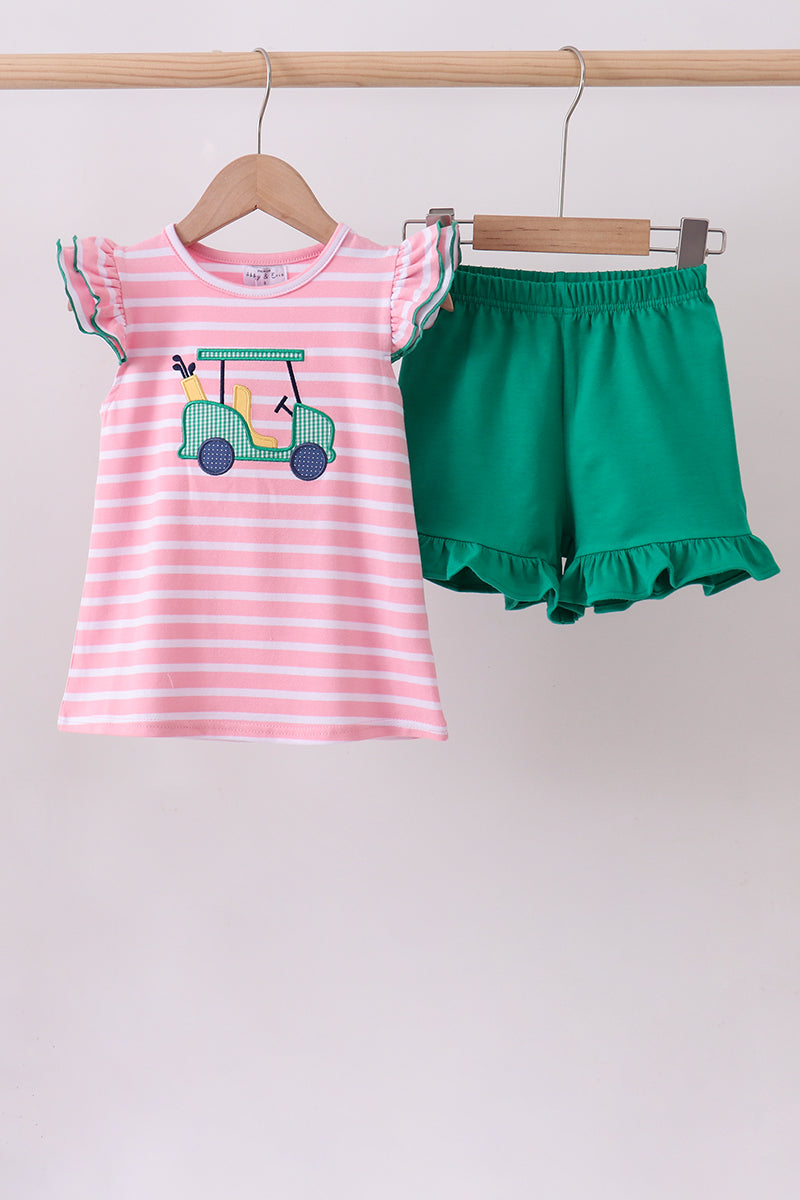 Pink golf cart applique stripe ruffle shorts set